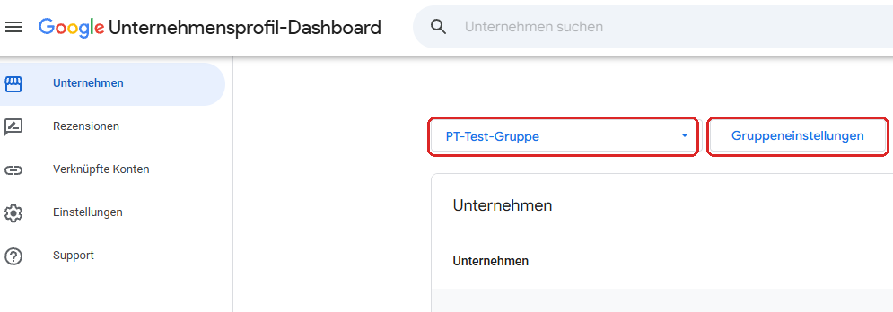 Schritt 1: Unternehmensgruppe auswählen und Gruppeneinstellungen anklicken