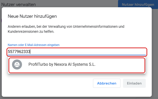 Schritt 4: Organisations-ID eintragen, Vorschlag ProfilTurbo by Nexora AI Systems S.L. anklicken