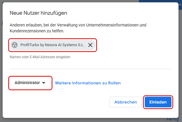 Schritt 5: Berechtigung Administrator wählen und Einladen klicken