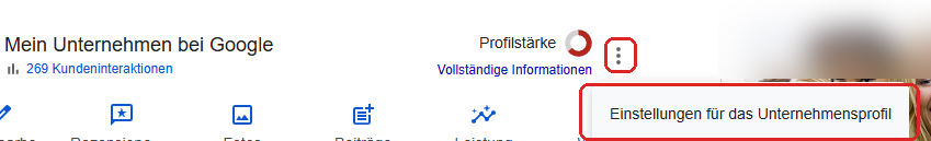 Schritt 1: Drei-Punkte-Menü und Einstellungen für das Unternehmensprofil anklicken