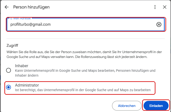 Schritt 4: E-Mail-Adresse eintragen, Rolle Administrator wählen, Einladen klicken